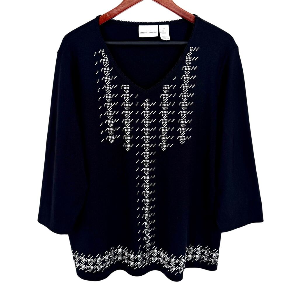 Alfred Dunner Sz XL Black Silver Rhinestone Houndstooth Blouse Shirt Top Formal